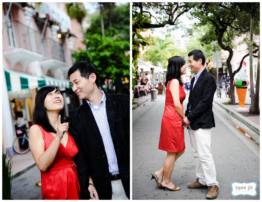 Couple strolls along Espanola Way in Miami.