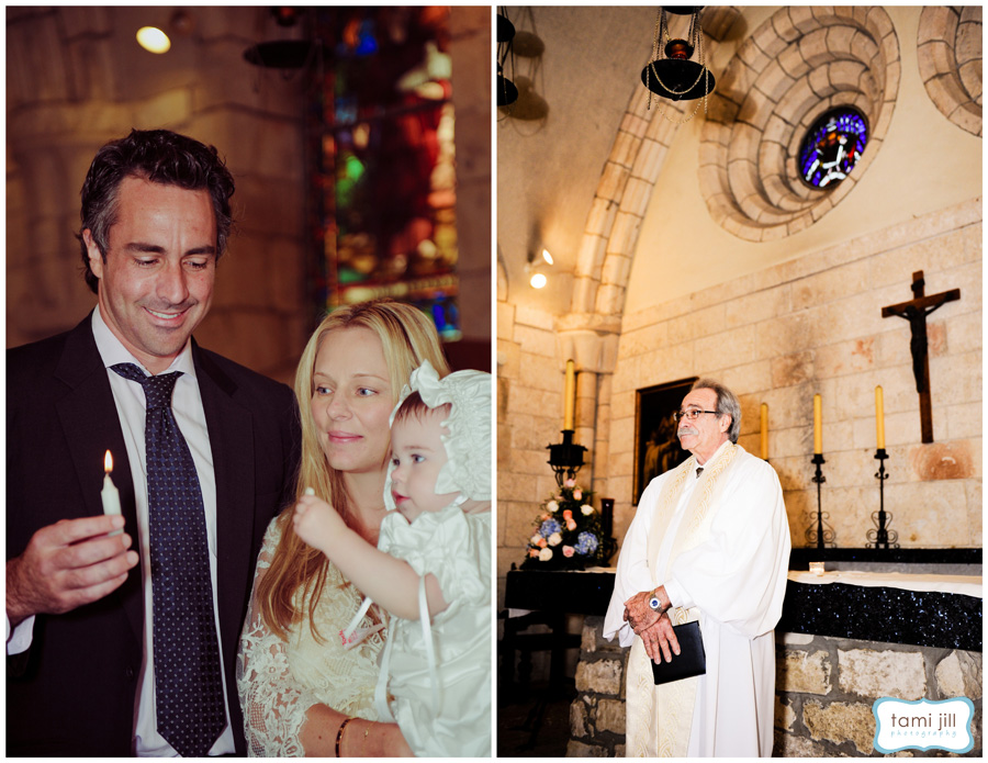 Inside the Spanish Monastery Church. Family lights candle for baptism at the Spanish Monastery.