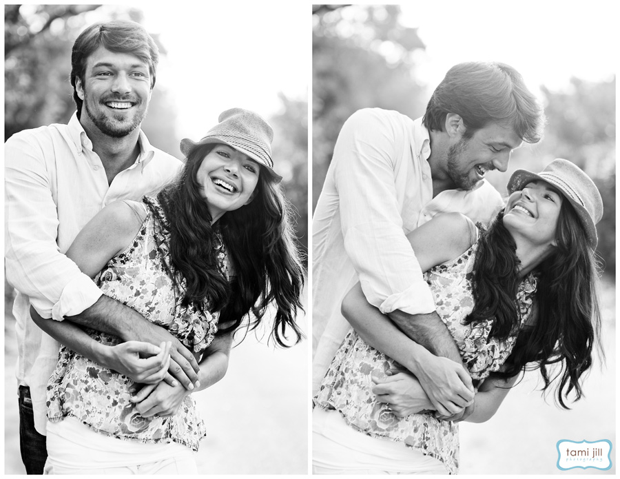 Loving couple flirt in the sunlight for a South Florida engagement session.