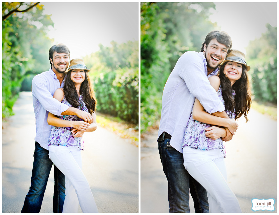 Loving couple play on an old street in Davie, filled with natural sunlight. 