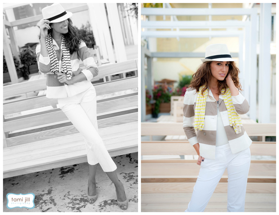 Modeling woman - hat Women poses in the Miami Design District during photo shoot.