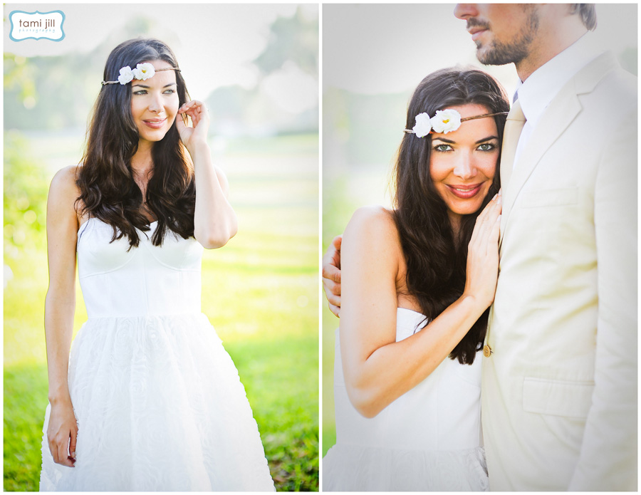 Boho chic bride standing in the sunlight at a South Florida wedding session.