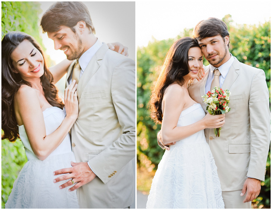 The sun kisses the bride and groom in this vintage wedding photo.