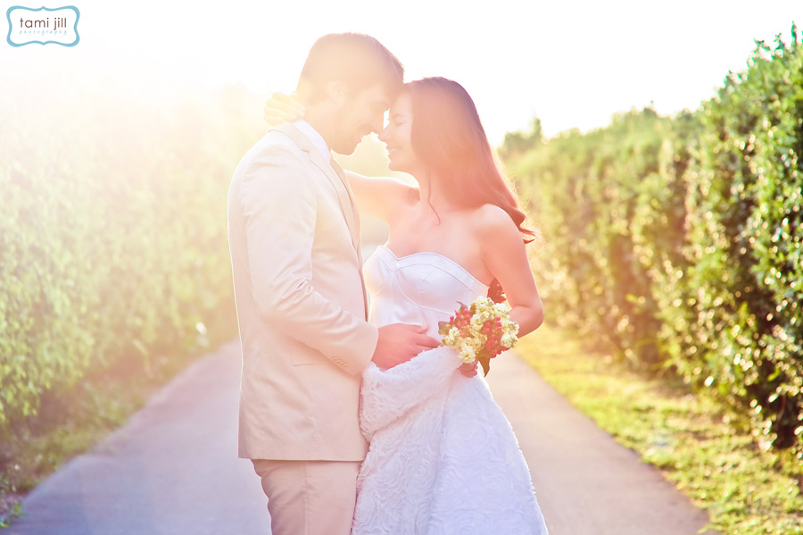 Bride and groom stand on a old road with sunlight filling this vintage photo.