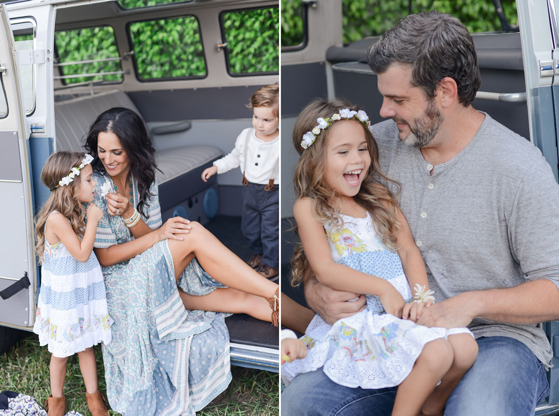 Family plays in vintage VW Bus.