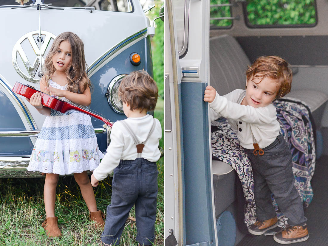 Sister and Brother play in vintage VW Bus.